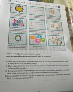 Tayinlan
19.
Problemlere odaklanmak
yerine çözüm bulmaya çalışırlar.
Eksik kaldıklarını düşündükleri
becerileri kazanmak için çalışırlar.
Yaptıklan işleri yeniden inceler ve
gerekliyse iyileştirme yaparlar.
OF
Öncelik listesi
oluştururlar.
Süreç içinde verimliliği düşüren un-
surlan fark ederek bunlan iyileştirirler.
?
Gerekli sorulan sorup
sorgulama yaparlar.
Gelişmeleri sürekli olarak takip
eder ve yaptiklarna yanstrlar
111111
B
Fikirlerini yazarlar
veya görselleştirer
Yukanda üretkenliğe yatkın kişilerin özellikleri verilmiştir.
Buna göre aşağıdakilerden hangisi üretkenliğe yatkın bir kişi olabilir?
Bir sistem kurariar
A) Zeliha, yazılım mühendisidir. Öğrencilik hayatı boyunca her türlü eğitim ve kursa katılmıştır. Artık mesle-
ki açıdan kendini en üst noktada görmektedir.
B) Cihan, çalıştığı birimle ilgili olsun ya da olmasın iş yerinde ne kadar problem varsa hepsini yakın arka-
daşlarından öğrenmektedir.
C) Ozan, grupça üzerinde çalıştıkları projede bazı hatalardan dolayı eksiklikler olduğunu fark etmektedir
ve bu projeyi sonlandırıp başka bir projeye başlamalan gerektiğini savunmaktadır.
D) Sevil, profesörlüğünün onuncu yılındadır ve alanıyla ilgili yurt içinde ve yurt dışında çeşitli seminerlere
katılıp tüm gelişmeleri takip etmektedir.