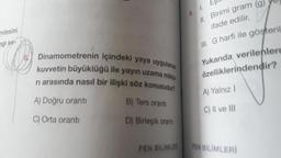 mlesini
ngi se
Dinamometrenin içindeki yaya uygulanan
kuvvetin büyüklüğü ile yayın uzama mikta
ri arasında nasıl bir ilişki söz konusudur?
A) Doğru orantı
C) Orta orantı
B) Ters orantı
D) Birleşik orantı
FEN BİLİMLER
9.
1.
EŞIL
Il. Birimi gram (g)
ifade edilir.
III. G harfi ile gösteril
Yukarıda verilenlere
özelliklerindendir?
A) Yalnız I
C) II ve III
FEN BİLİMLERİ
