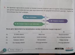 5. Bir öğretmen öğrencilerine destek ve hareket sistemini oluşturan yapı ve organları daha iyi kavratabilmek
için günlük hayatta kullanılan bazı yapı veya malzemeler ile aşağıdaki benzetmeleri yapmıştır. Yapılan her
benzetmeye birer harf verilmiştir.
12
A)
B)
C)
D)
K: Kapı menteşesi.
M: Bir binanın ana ve yan kolonları.
Buna göre öğrencilerin bu benzetmelere verdiği örneklerden hangisi doğrudur
K
El bilek eklemi
Ayak bilek eklemi
Kafatası eklemi
Diz kapağı eklemi
Kamp'ı Keşfet
L
Mide kası
Uyluk kemikleri
Kol kemikleri
Omurga kemikleri
L: Bir masanın ayakları.
Fen Bilimleri
M
Bacak kemikleri
Kol ve bacak kemikleri
Göğüs kemiği
Omurga eklemleri
6. Sınıf
GUNAY
YAYINLARI