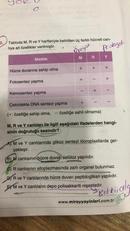 9.
D
O
Tabloda M, R ve Y harfleriyle belirtilen üç farklı hücreli can-
lıya ait özellikler verilmiştir.
Ő forgot
Madde
Hücre duvarına sahip olma
Fotosentez yapma
Kemosentez yapma
M
+
+
+
RY
+
1
+
Prokoryst
Çekirdekte DNA sentezi yapma
(+: özelliğe sahip olma, -: özelliğe sahil olmama)
+
+
1
M, R ve Y canlıları ile ilgili aşağıdaki ifadelerden hangi-
sinin doğruluğu kesindir?
A) M ve Y canlılarında glikoz sentezi kloroplastlarda ger-
çekleşir.
B) M canlısının hücre duvarı selüloz yapılıdır.
C) R canlısının sitoplazmasında zarlı organel bulunmaz.
DR ve Y canlılarında hücre duvarı peptidoglikan yapılıdır.
EM ve
M ve Y canlıların depo polisakkariti nişastadır.
SBitkialg
www.mirayyayinlari.com.tr