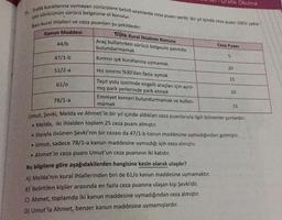 71. Trafik kurallarına uymayan sürücülere belirli oranlarda ceza puanı verilir. Bir yıl içinde ceza puanı 100'e yakla-
şan sürücünün sürücü belgesine el konulur.
Bazı kural ihlalleri ve ceza puanları şu şekildedir:
Kanun Maddesi
●
44/b
47/1-b
●
51/2-a
61/0
78/1-a
Trafik Kural ihlalinin Konusu
Araç kullanırken sürücü belgesini yanında
bulundurmamak
Kırmızı ışık kurallarına uymamak
Hız sınırını %30'dan fazla aşmak
Taşıt yolu üzerinde engelli araçları için ayrıl-
mış park yerlerinde park etmek
Emniyet kemeri bulundurmamak ve kullan-
mamak
Grafik Okuma
Ceza Puani
Bu bilgilere göre aşağıdakilerden hangisine kesin olarak ulaşılır?
A) Melda'nın kural ihlallerinden biri de 61/o kanun maddesine uymamaktır.
B) Belirtilen kişiler arasında en fazla ceza puanına ulaşan kişi Şevki'dir.
C) Ahmet, toplamda iki kanun maddesine uymadığından ceza almıştır.
D) Umut'la Ahmet, benzer kanun maddesine uymamışlardır.
5
20
15
Umut, Şevki, Melda ve Ahmet'in bir yıl içinde aldıkları ceza puanlarıyla ilgili bilinenler şunlardır:
Melda, iki ihlalden toplam 25 ceza puanı almıştır.
10
15
Hızıyla övünen Şevki'nin bir cezası da 47/1-b kanun maddesine uymadığından gelmiştir.
• Umut, sadece 78/1-a kanun maddesine uymadığı için ceza almıştır.
• Ahmet'in ceza puanı Umut'un ceza puanının iki katıdır.