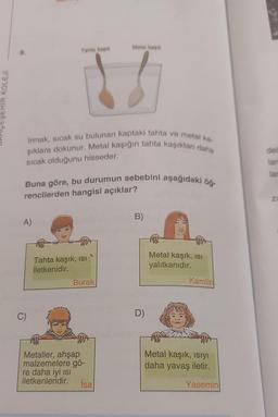 SEHIR KOLEJİ
Irmak, sıcak su bulunan kaptaki tahta ve metal ka-
şıklara dokunur. Metal kaşığın tahta kaşıktan daha
sıcak olduğunu hisseder.
Metal kapk
Tatite kak
V
Buna göre, bu durumun sebebini aşağıdaki öğ
rencilerden hangisi açıklar?
A)
C)
Tahta kaşık, ISI
iletkenidir.
S
Burak
Metaller, ahşap
malzemelere gö-
re daha iyi ısı
iletkenleridir.
İsa
B)
D)
Metal kaşık, ISI
yalıtkanıdır.
Karolin
Metal kaşık, ısıyı
daha yavaş iletir.
Yasemin
lan
Z1