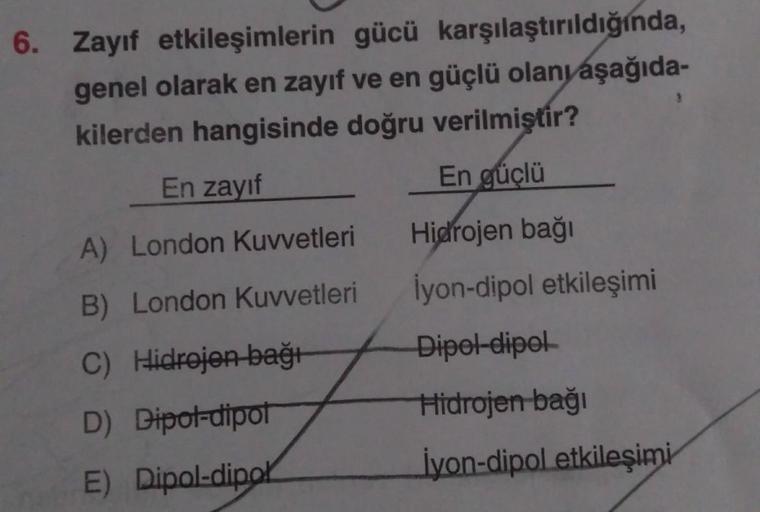 6. Zayıf etkileşimlerin gücü karşılaştırıldığında,
genel olarak en zayıf ve en güçlü olanı aşağıda-
kilerden hangisinde doğru verilmiştir?
En güçlü
Hidrojen bağı
İyon-dipol etkileşimi
Dipol-dipol
En zayıf
A) London Kuvvetleri
B) London Kuvvetleri
C) Hidroj