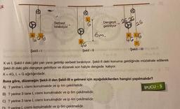 24.
466
Şekil - 1
Serbest
bırakılıyor
C
L
K
46
Şekil - 11
Dengeye
getiriliyor
6m.
3
26 26
26
KLG
46
21
Şekil - III
K ve L Şekil-l deki gibi yan yana getirilip serbest bırakılıyor. Şekil-ll deki konuma geldiğinde müdahale edilerek
Şekil-Ill deki gibi dengeye getiriliyor ve düzenek son haliyle dengede kalıyor.
K=4G, L= G ağırlığındadır.
Buna göre, düzeneğin Şekil-Il den Şekil-III e gelmesi için aşağıdakilerden hangisi yapılmalıdır?
A)? yerine L cismi konulmalıdır ve ip 4m çekilmelidir.
B) ? yerine 3 tane L cismi konulmalıdır ve ip 6m çekilmelidir.
C) ? yerine 3 tane L cismi konulmalıdır ve ip 4m çekilmelidir.
D)? yerine L cismi konulmalıdır ve ip 6m çekilmelidir.
İPUCU-5
TS
