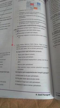 numaralan olan 7. sınıflarda
Soner ve Alper adli ogren-
dre kimin nerede olduğuyla
altı numarafi sınıfta Canan
da bukinan sinifta Firat var-
dan birinde Arzu vardır.
erden hangisi doğrudur?
dir.
aki sınıfta Nimet vardır.
an birinde Alper vardır.
sındaki sınıftadır.
eyve suyunu içen "Se-
li" adlı öğrencilerin iç-
unlardır:
an alınmıştır.
coladır.
aynıdır.
wnidir.
hangisi kesin yan-
biri aynıdır.
yudur.
zalara ail Bilg
KUAFOR
Mi bende
•
Asem
EDC
Kırtasiye üçüncü kattadır.
nin diğer yanında mağaza yoktur.
lunmaktadır.
+ Ayakkabıcı ve oyuncakçı yan yanadır ve ayakkab
+ Erkek giyim mağazasının alt katında kozmetikçi bu
Ayakkabıcının üst katında yiyecek bölümü vardır.
+ Kırtasiyenin alt katında teknoloji mağazası üst katın
Bu bilgilere göre aşağıdakilerden hangisi doğrudur
A) Kırtasiye ve bayan giyim mağazası aynı kattadır.
+BYAyakkabıcının yanındaki dükkân boştur.
+) Kozmetikçi ve kuaför aynı kattadir.
D) Teknoloji mağazası ve yiyecek bölümü farklı katlarda
da ise bayan giyim mağazası vardır.
dir.
ma, incal
plan ogrencil
renciler bu dallardal
Okulda daha önce de
renciler Almanya'ya
nakkı bir sonraki 60
lamasi 50'nin üzerir
maya başvurabilir
sartı aranmamakta
Zahra, Oktay, Ka
durumları ile ilgi
Zehra ve Okte
Kadir tasarla
mıştır.
Ahmet arast
önce düzenl
Dilek'in baş
Bu bilgilere g
rak bilinemez
4. Kutay, Melike, Mahmut, Nahit, Merve, Tuğçe ve Turgut
isimli sanatçılardan her biri bir orkestrada yer almaktadır.
Her biri gitar, bateri, flüt ve keman çalmaktadır.
Bu öğrencilerle ilgili bilinenler şunlardır:
+ Bateri çalan öğrenci erkektir.
+ Tuğçe keman çalmaktadır.
İsimleri M harfiyle başlayanların çaldığı alet flüt de-
ğildir.
+Mahmut gitar çalmaktadır.
+ Gitar çalanların sayısı keman çalanların sayısından
üç fazladır.
Bu bilgilere göre aşağıdakilerden hangisi yanlıştır?
A) Nahit bateri ya da gitar çalmaktadır.
B) Flüt çalan erkek öğrencilerden biridir.
C) Nahit ve Turgut aynı aleti çalmaktadır.
D) Sadece bir öğrenci keman çalmaktadır.
8. Sınıf Paragraf
A) Ahmet'in ba
B) Kadir, aras
C) Zehra ara
gitme hak
D) Dilek sac
lir.
8. Sin