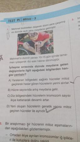 TEST 14: Mitoz - 3
Mehmet bisikletten düşerek dizini yere çarpmış
ve dizinde açık yara meydana gelmiştir.
Mehmet'in dizinin yarası 10-15 gün içinde tama-
men iyileşerek diz eski hâline dönmüştür.
İyileşme sırasında dizinde meydana gelen
değişimlerle ilgili aşağıdaki bilgilerden han-
gisi yanlıştır?
A) Yaralanan bölgedeki sağlıklı hücreler mitoz
geçirerek hasar gören hücrelerin yerini alırlar.
B) Hücre sayısında artış meydana gelir.
C) Diz bölgesindeki hücrelerin kromozom sayısı
ikiye katlanarak devamlı artar.
3.
D) Yeni oluşan hücrelerin genetik yapısı mitoz
geçiren hücreler ile aynıdır.
2. Bir araştırmacı bir hücrenin mitoz aşamaların-
dan aşağıdakileri gözlemlemiştir.
Ortadan ikiye ayrılan kromozomlar iğ iplikle-
ri ile kutuplara doğru çekildi
Irr
re
a
n