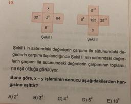 10.
X
32¹ 2³
8-1
Şekil I
64
55
53
C) 4²
125 253
y
Şekil II
Şekil I in satırındaki değerlerin çarpımı ile sütunundaki de-
ğerlerin çarpımı toplandığında Şekil II nin satırındaki değer-
lerin çarpımı ile sütunundaki değerlerin çarpımının toplamı-
na eşit olduğu görülüyor.
Buna göre, x-y işleminin sonucu aşağıdakilerden han-
gisine eşittir?
A) 2²
B) 3²
D) 5²
E) 10²