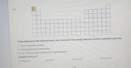 104.
Yukarıdaki periyodik tabloda boyalı olan elementin bulunduğu element sınıfının özellikleri arasında,
I. Isı ve elektriği iyi iletme
II. Parlak görünüme sahip olma
III. Tel ve levha håline getirilememe (İşlenememe)
hangileri bulunur?
A) Yalnız III
B) I ve II
C) II ve III
36
D) I, II ve III
