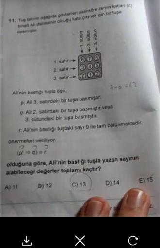 11. Tug tak aşağıda gösterilen asansöre zemin kattan (2)
binen As dairesinin olduğu kata çıkmak için bir tuga
basmighe
All'nin bast tugta ilgili,
1. satir.
2. satir
3. satır
unios->
p: All 3, sanırdaki bir tuşa basmiştir.
(pl⇒q)=r
-2. sütun
<-3. sütun
q: A