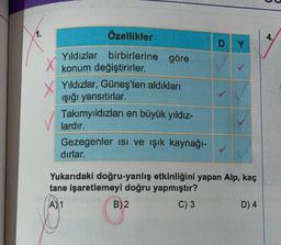 1.
Özellikler
Yıldızlar birbirlerine göre
konum değiştirirler.
Yıldızlar, Güneş'ten aldıkları
ışığı yansıtırlar.
Takımyıldızları en büyük yıldız-
lardır.
Gezegenler isi ve ışık kaynağı-
dırlar.
DY
Yukarıdaki doğru-yanlış etkinliğini yapan Alp, kaç
tane işaretlemeyi doğru yapmıştır?
A) 1
B)2
C) 3
D) 4
4.