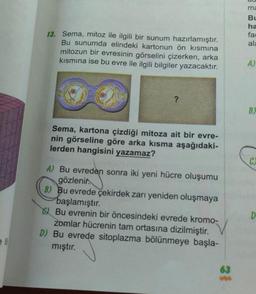 ell
13. Sema, mitoz ile ilgili bir sunum hazırlamıştır.
Bu sunumda elindeki kartonun ön kısmına
mitozun bir evresinin görselini çizerken, arka
kısmına ise bu evre ile ilgili bilgiler yazacaktır.
?
Sema, kartona çizdiği mitoza ait bir evre-
nin görseline göre arka kısma aşağıdaki-
lerden hangisini yazamaz?
A) Bu evreden sonra iki yeni hücre oluşumu
gözlenir
B) Bu evrede çekirdek zarı yeniden oluşmaya
başlamıştır.
Bu evrenin bir öncesindeki evrede kromo-
zomlar hücrenin tam ortasına dizilmiştir.
D) Bu evrede sitoplazma bölünmeye başla-
mıştır.
63
ma
Bu
ha
fac
ala
A)
B)
C
D