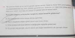 14. Tek yumurta ikizleri Ali ve Veli'nin genetik yapıları aynıdır. Fakat bu ikizler farklı çevre şartların-
da yetiştirildiklerinde bazı farklı özellikler gözlemleniyor: İkizlerden biri diğerinden birkaç santim
daha uzun olabilir veya diğer ikiz belirgin bir şekilde farklı bir kiloda olabilir.
Buna göre aşağıda verilenlerden hangisi bu olayla benzerlik göstermez?
A) İkiz kardeşlerden birinin koluna dövme yaptırması
BNemli bölgelerde yetişen eğrelti otunun uzun boylu olması
C) Sirke sineklerinde kanat şeklinin sıcaklığa göre değişiklik göstermesi
D) Üç çocuğu beş parmaklı olan bir ailenin yeni doğan bebeklerinin altı parmaklı olması
34