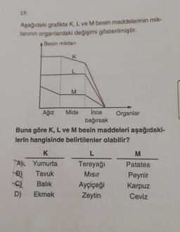 19.
Aşağıdaki grafikte K, L ve M besin maddelerinin mik-
tarının organlardaki değişimi gösterilmiştir.
Besin miktarı
A
B)
D)
K
M
Ağız Mide
K
Yumurta
Tavuk
Balık
Ekmek
Buna göre K, L ve M besin maddeleri aşağıdaki-
lerin hangisinde belirtilenler olabilir?
ince
bağırsak
L
Tereyağı
Mısır
Organlar
Ayçiçeği
Zeytin
M
Patates
Peynir
Karpuz
Ceviz