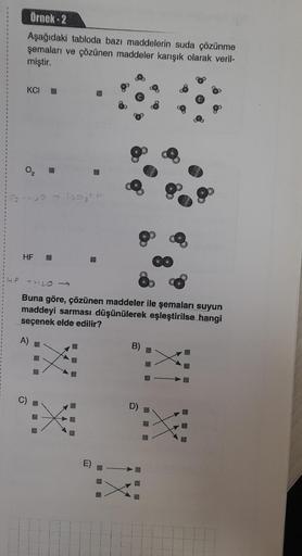 Örnek-2
Aşağıdaki tabloda bazı maddelerin suda çözünme
şemaları ve çözünen maddeler karışık olarak veril-
miştir.
KCI
0₂
162-1120-11-03+H.
HF
O
HF + H2O
Buna göre, çözünen maddeler ile şemaları suyun
maddeyi sarması düşünülerek eşleştirilse hangi
seçenek e