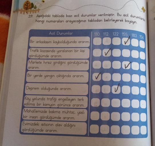 39. Aşağıdaki tabloda bazı acil durumlar verilmiştir. Bu acil durumlarda
hangi numaraları arayacağınızı tablodan belirleyerek boyayın.
Acil Durumlar
Bir arkadaşım kaybolduğunda ararım.
Trafik kazasında yaralanan bir kişi
gördüğümde ararım.
Markete hırsız g