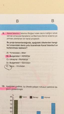 9. Kanal İstanbul, İstanbul Boğazı'ndaki deniz trafiğini rahat-
latmak amacıyla Karadeniz ve Marmara Denizi arasına ya-
pılması planlanan bir kanal projesidir.
Bu proje tamamlandığında, aşağıdaki ülkelerden hangi-
leri arasındaki deniz yolu ticaretinde Kanal İstanbul'un
kullanılması beklenir?
A) Yunanistan-Misir
B) Bulgaristan - Almanya
C) Ukrayna Romanya
D) Bulgaristan - Gürcistan
E) Italya - Hindistan
%
B
10. Aşağıdaki grafikte, üç ülkede çalışan nüfusun sektörel da-
ğılımı gösterilmiştir.
90-
80-
70-
60-
50-
B
Tarım
Sanayi
Hizmet