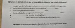 2-) Kalıtım ile ilgili cümlelerin boş bırakılan bölümlerini uygun kavramlarla doldurunuz?
Gregor Mendel kaltım çalışmalarını..
..........bitkisi üzerinde yapmıştır.
Karakterlerin oluşumu sağlayan gen kümelerine
.......denir.
.…...........denir.
●
●
Canlıların görülen özelliklerine
Anne ve babadan aynı genleri alan bireylere
.........her koşulda kendini gösterir.
...yalnız homozigot olduğu zaman etkisini gösterirler.
.......denir.
KAVRAMLAR: Baskın gen- Bezelye-Genotip-Fenotip-Homozigot-Çekinik genler-