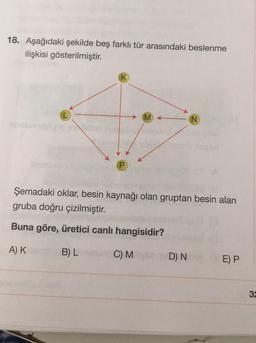 18. Aşağıdaki şekilde beş farklı tür arasındaki beslenme
ilişkisi gösterilmiştir.
K
M
(N)
Şemadaki oklar, besin kaynağı olan gruptan besin alan
gruba doğru çizilmiştir.
Buna göre, üretici canlı hangisidir?
A) K
B) Los C) MED) NOW
E) P
32
