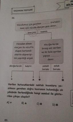 KAZANIM TESTLERİ
89.
88.
Vücudumuz için gereken
mesi için vücuda oksijen gazı alınır.
enerjinin
Havadan alınan
oksijen ile vücutta
oluşan karbondi-
oksitin alışverişi-
nin yapıldığı organ
akciğerlerdir. kalptir.
üretebil-
besinin
Akciğerlerde
bronş adı verilen
ve iki kola ayrılan
yapıya
denir.
yemek soluk
borusu borusu
Verilen kutucuklardaki noktalı kısımlara ya-
zılması gereken doğru kavramın bulunduğu ok
yönünde ilerlendiğinde hangi sembol ile göste-
rilen çıkışa ulaşılır?
A) *
B) A
D) M
BILIN
11111