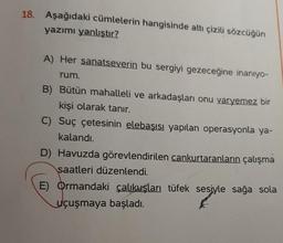 18. Aşağıdaki cümlelerin hangisinde altı çizili sözcüğün
yazımı yanlıştır?
A) Her sanatseverin bu sergiyi gezeceğine inanıyo-
rum.
B) Bütün mahalleli ve arkadaşları onu varyemez bir
kişi olarak tanır.
C) Suç çetesinin elebaşısı yapılan operasyonla ya-
kalandı.
D) Havuzda görevlendirilen cankurtaranların çalışma
saatleri düzenlendi.
E) Ormandaki çalıkuşları tüfek sesiyle sağa sola
sesiyle
uçuşmaya başladı.