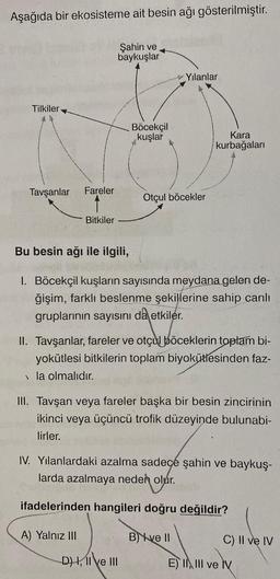 Aşağıda bir ekosisteme ait besin ağı gösterilmiştir.
Tilkiler.
Tavşanlar Fareler
Bitkiler
Şahin ve
baykuşlar
Böcekçil
kuşlar
A) Yalnız III
Yılanlar
Otçul böcekler
Bu besin ağı ile ilgili,
1. Böcekçil kuşların sayısında meydana gelen de-
ğişim, farklı beslenme şekillerine sahip canlı
gruplarının sayısını da etkiler.
Kara
kurbağaları
II. Tavşanlar, fareler ve otçul böceklerin toplam bi-
yokütlesi bitkilerin toplam biyokütlesinden faz-
la olmalıdır.
D) I, II ve III
III. Tavşan veya fareler başka bir besin zincirinin
ikinci veya üçüncü trofik düzeyinde bulunabi-
lirler.
IV. Yılanlardaki azalma sadece şahin ve baykuş-
larda azalmaya neden olur.
ifadelerinden hangileri doğru değildir?
B) ve II
C) II ve IV
E) IIlI ve V