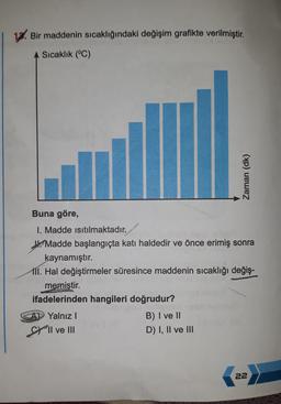 Bir maddenin sıcaklığındaki değişim grafikte verilmiştir.
Sıcaklık (°C)
Buna göre,
I. Madde ısıtılmaktadır.
Madde başlangıçta katı haldedir ve önce erimiş sonra
kaynamıştır.
Li
Yalnız I
Il ve III
Zaman (dk)
III. Hal değiştirmeler süresince maddenin sıcaklığı değiş-
memiştir.
ifadelerinden hangileri doğrudur?
B) I ve II
D) I, II ve III
22