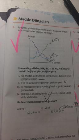 Madde Döngüleri
1. Aşağıdaki grafikte topraktaki azotlu inorganik bileşik-
lerin miktarındaki değişim verilmiştir.
N03
Miktar
NH3
||| No2
Numaralı grafikler; NH3, NO₂ ve NO3- miktarla-
rındaki değişimi gösterdiğine göre,
A) I ve II
1. Üç miktar değişimi de kemoototrof bakterilerce
gerçekleştirilir. -
II. I ve III. azotlu inorganikler, oksijen içerir.V
Zaman
III. II. maddenin oluşumunda görevli organizma ökar-
yot olamaz.
D) I, II ve III
IV. Bitkiler, I. maddeyi suda çözünmüş olarak kökle-
ri ile alabilirler.
ifadelerinden hangileri doğrudur?
B) I ve III
E) II, III ve IV
Hive IV
3.
H
(Karbon) döngüsünde; C atomunun atmosfere dö-
4
eis
Yayınlanı