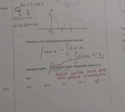 indaki
E) 9
dx=2404
O
f(x) =U
4(x) dx=du
tır?
ju
olduğuna göre,
A) 5
4
AY
Yukarıda y=f(x) fonksiyonunun grafiği çizilmiştir.
= (flu), du
O
Sexidx = -5₁
f(x) dx = 5
0
B) 3
3
3
T
6
yello
(fof) (x).f'(x) dx integrallnin değeri kaç-
bunun yerine nasıl drek
f(x) yazdık anlamadım
C) 1
D) -1
-5
lam
1.(1
1 ala