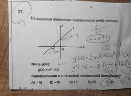 37.
QV
Dik koordinat düzleminde f fonksiyonunun grafiği verilmiştir.
L=1
Gol
Buna göre,
g(x) = x². f(x)
O
4
f
(0/1)
y=xt
GE=1
g'(x) = 2x₁ f(x)+x²₁ F1(x)
XT2
g'(-4)= -_-8₁ f(-4) + 16. f'(²
24
fonksiyonunun x=-4 apsisli noktasındaki türevi kaçtır?
A) -15
B) -10
C) 10
D) 20
E) 40
40
