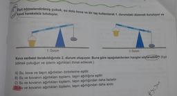 O
Eşit bölmelendirilmiş çubuk, su dolu kova ve bir taş kullanılarak 1. durumdaki düzenek kuruluyor ve
kova hareketsiz tutuluyor.
(8)
1. Durum
2. Durum
Kova serbest bırakıldığında 2. durum oluşuyor. Buna göre aşağıdakilerden hangisi söylenebilir? (Eşit
bölmeli çubuğun ve iplerin ağırlıkları ihmal edilecek.)
A) Su, kova ve taşın ağırlıkları birbirlerine eşittir.
B) Su ve kovanın ağırlıkları toplamı, taşın ağırlığına eşittir.
C) Su ve kovanın ağırlıkları toplamı, taşın ağırlığından daha fazladır.
D) Su ve kovanın ağırlıkları toplamı, taşın ağırlığından daha azdır.
w47679