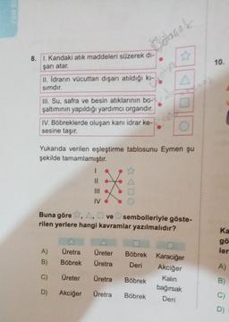 FEN BI
8. 1. Kandaki atık maddeleri süzerek dı-
şarı atar.
II. İdrarın vücuttan dışarı atıldığı kı-
sımdır.
III. Su, safra ve besin atıklarının bo-
şaltımının yapıldığı yardımcı organdır.
IV. Böbreklerde oluşan kanı idrar ke-
sesine taşır.
Böbrek
Yukarıda verilen eşleştirme tablosunu Eymen şu
şekilde tamamlamıştır.
1
☆
A)
Üretra
B) Böbrek
C) Üreter
D)
||
|||
IV
*
Buna göre ☆, A, ve sembolleriyle göste-
rilen yerlere hangi kavramlar yazılmalıdır?
A
Üreter
Üretra
Üretra
Akciğer Üretra
Böbrek
Deri
a
Böbrek
Böbrek
O
Karaciğer
Akciğer
Kalın
bağırsak
Deri
10.
Ka
gö
ler
A)
C)
D)