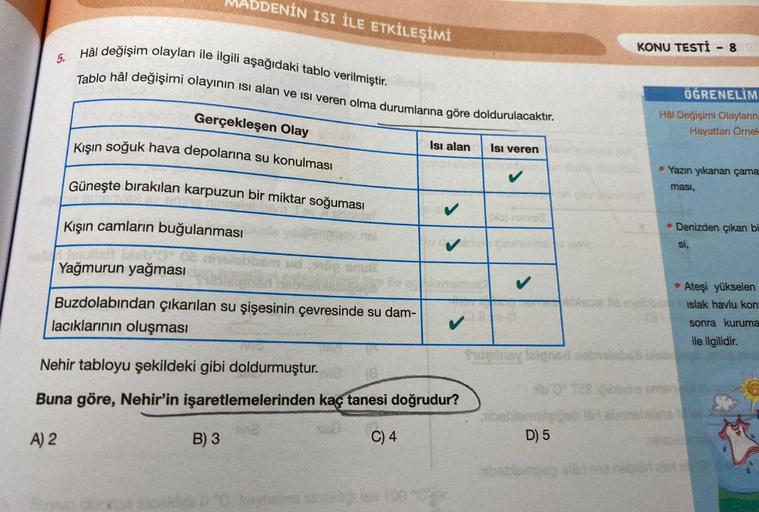 5. Hâl değişim olayları ile ilgili aşağıdaki tablo verilmiştir.
Tablo hâl değişimi olayının ısı alan ve isi veren olma durumlarına göre doldurulacaktır.
Gerçekleşen Olay
Kışın soğuk hava depolarına su konulması
Güneşte bırakılan karpuzun bir miktar soğumas