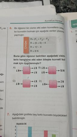 Kuvvet ve Hareket
bileş
F4 ve 6. Bir öğrenci bir cisme etki eden kuvvetlerin
ke kuvvetini bulmak için aşağıda verilen çözümü
yapmıştır.
ağı-
em
cleri
tu-
de
e-
9
in
A)
Buna göre öğrenci belirtilen aşağıdaki cisim-
lerin hangisine etki eden bileşke kuvveti bul-
mak için uygulanmıştır?
C)
4 N
6 N
Çözüm
6
5
4
R= (F₁+F₂)-F3
R=(6+6)-4
R = 12-4
R=8N
1
6N B) 4N
4N 6N-
4N D)
6 N
6 N
10 N
-2 N
4N
7. Aşağıdaki grafikte beş farklı kuvvetin büyüklükleri
belirtilmiştir.
Büyüklük (N)
TES
1. Y
n