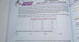 7.
ZIRVE
BECERI TEMELLİ
Test-3
Cisimleri belli bir yüksekliğe çıkarmak için oluşturulan rampa düzeneklerine eğik düzlem adı verilir.
sağlanmasının nedeni, yoldan kayıp yaşanmasıdır. Araçların dağın üst kısımlarına çıkabilmesi için
Eğik düzlemler kuvvet kazancı sağlamak için geliştirilen sistemlerdir. Eğik düzlemde kuvvet kazancı
yapılan yollar da bir eğik düzlemdir. Yol, dağın eteklerinde dolambaçlı hâle getirilerek uzatılır. Böylece
araçlar, daha az kuvvet harcayarak dağın üst kısımlarına daha kolay çıkabilir.
Özdeş el arabaları dört farklı yoldan farklı yüksekliklere aynı kişi tarafından çıkarılmıştır. El araba
larının çıkarıldığı yükseklikler ve alınan yollar aşağıdaki tabloda verilmiştir.
El arabası Çıkılan yükseklik Alınan yollar
K
L
BASIT MAKINELER
(EĞİK DÜZLEM - ÇIKRIK VE DİĞERLERİ)
M
N
35 m
35 m
30 m
30 m
Buna göre hangi el arabasına uygulanan kuvvet en küçüktür?
A) K
B) L
C) M
50 m
60 m
60 m
50 m
D) N
8. Şekildeki kovanın, K çıkrığı döndürülerek kaldırılabilmesi için basit makine sistemi oluşturulmuştur.
1.
(EGIK
K ve L tah
K
Yükü
olduğ
(Sürt
A) K
E
B)