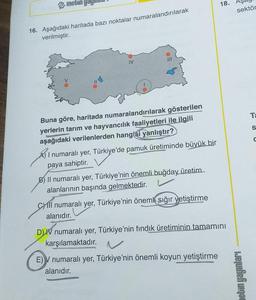 me
16. Aşağıdaki haritada bazı noktalar numaralandırılarak
verilmiştir.
IV
Buna göre, haritada numaralandırılarak gösterilen
yerlerin tarım ve hayvancılık faaliyetleri ile ilgili
aşağıdaki verilenlerden hangisi yanlıştır?
I numaralı yer, Türkiye'de pamuk üretiminde büyük bir
paya sahiptir.
B) Il numaralı yer, Türkiye'nin önemli buğday üretim
alanlarının başında gelmektedir.
Cill numaralı yer, Türkiye'nin öneml sığır yetiştirme
alanıdır.
18.
D) IV numaralı yer, Türkiye'nin fındık üretiminin tamamını
karşılamaktadır.
E) V numaralı yer, Türkiye'nin önemli koyun yetiştirme
alanıdır.
sektör
hebin yayınları
Ta
S
C