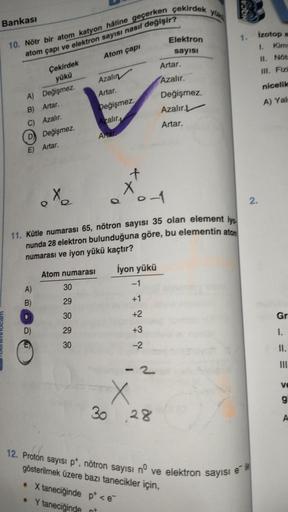 Bankası
10. Nötr bir atom katyon haline geçerken çekirdek
atom çapı ve elektron sayısı nasıl değişir?
A) Değişmez.
B) Artar.
C) Azalır.
D Değişmez.
E) Artar.
Çekirdek
yükü
A)
B)
D)
Atom çapı
Azalın
Artar.
Değişmez.
Azalır.
Artar
Atom numarası
30
29
30
29
3