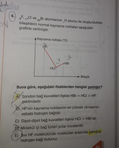 ded
ON
4.
9F, 17CI ve Br atomlarının H atomu ile oluşturdukları
35
bileşiklerin normal kaynama noktaları aşağıdaki
grafikte verilmiştir.
A Kaynama noktası (°C)
HF
HCI
X
h
HBr
Bileşik
Buna göre, aşağıdaki ifadelerden hangisi yanlıştır?
A London bağ kuvvetle