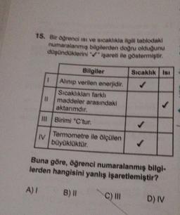 15. Bir öğrenci ist ve sıcaklıkla ilgili tablodaki
numaralanmış bilgilerden doğru olduğunu
düşündüklerini ✔ işareti ile göstermiştir.
1
IV
Bilgiler
Alinip verilen enerjidir.
Sıcaklıkları farklı
maddeler arasındaki
aktarımdır.
III Birimi 'C'tur.
Termometre ile ölçülen
büyüklüktür.
Sıcaklık Isi
✓
C) III
✓
✓
Buna göre, öğrenci numaralanmış bilgi-
lerden hangisini yanlış işaretlemiştir?
A) I
B) II
D) IV