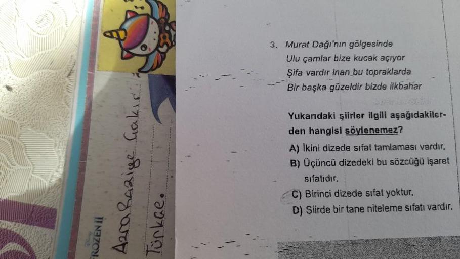 Azra Raziye Çakır
Türkçe.
FROZEN II
3. Murat Dağı'nın gölgesinde
Ulu çamlar bize kucak açıyor
Şifa vardır inan bu topraklarda
Bir başka güzeldir bizde ilkbahar
Yukarıdaki şiirler ilgili aşağıdakiler-
den hangisi söylenemez?
A) Ikini dizede sifat tamlaması 