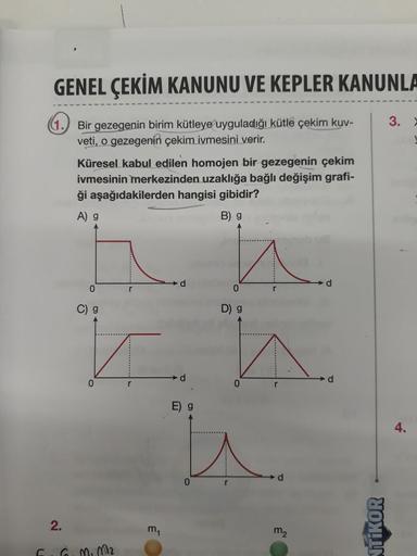 C
GENEL ÇEKİM KANUNU VE KEPLER KANUNLA
1. Bir gezegenin birim kütleye uyguladığı kütlé çekim kuv-
veti, o gezegenin çekim ivmesini verir.
2.
Küresel kabul edilen homojen bir gezegenin çekim
ivmesinin merkezinden uzaklığa bağlı değişim grafi-
ği aşağıdakile