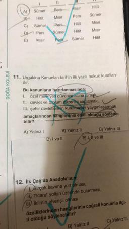 DOĞA KOLEJÍ
A)
Sümer
Sümer
Pers
E) Mısır
11
Poro
Misir
Pers
Sümer
Sümer
Pers
bilir?
11. Urgakina Kanunları tarihin ilk yazılı hukuk kuralları-
dır.
A) Yalnız I
Misir
Pers
Bu kanunların hazırlanmasında;
1. özel mülkiyeti güvence altına almak,
II. devlet ve toplum düzenini sağlamak,
III. şehir devletlerinin kurulmasını yaygınlaştırmak
amaçlarından hangilerinin etkili olduğu söylene-
B) Yalnız II
D) I ve II
12. İlk Çağ'da Anadolu'nun;
Sümer
Misir
Misir
Hitit
1. Birçok kavime yurt olması,
E) I, II ve III
C) Yalnız III
II Ticaret yolları üzerinde bulunması,
III iklimin elverişli olması
B) Yalnız II
özelliklerinden hangilerinin coğrafi konumla ilgi-
li olduğu söylenebilir?
C) Yalnız III