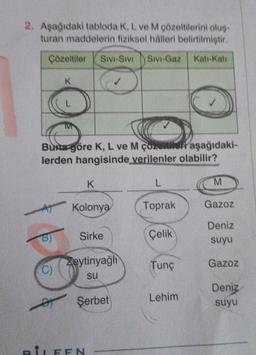 2. Aşağıdaki tabloda K, L ve M çözeltilerini oluş-
turan maddelerin fiziksel hålleri belirtilmiştir.
Çözeltiler SIVI-SIVI Sivi-Gaz Kati-Katı
B)
K
Do
Buna göre K, L ve M çozeltileri aşağıdaki-
lerden hangisinde verilenler olabilir?
(C)
L
K
Kolonya
Sirke
Zeytinyağlı
su
Şerbet
BILEEN
L
Toprak
Çelik
Tunç
Lehim
M
Gazoz
Deniz
suyu
Gazoz
Deniz
suyu