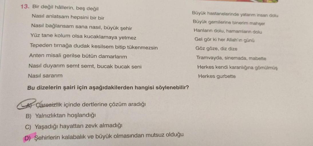 13. Bir değil hâllerin, beş değil
Nasıl anlatsam hepsini bir bir
Nasıl bağlansam sana nasıl, büyük şehir
Yüz tane kolum olsa kucaklamaya yetmez
Tepeden tırnağa dudak kesilsem bitip tükenmezsin
Anten misali gerilse bütün damarlarım
Nasıl duyarım semt semt, 