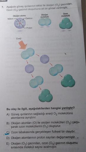 7. Aşağıda güneş ışınlarının etkisi ile oksijen (O₂) gazından,
Ozon (O3) gazının oluşumuna ait bir görsel verilmiştir.
Oksijen atomu
Nötron
Enerji
-Elektron
-Proton
3.0.
Oksijen
molekülü
Ozon
molekülü
Bu olay ile ilgili, aşağıdakilerden hangisi yanlıştır?
