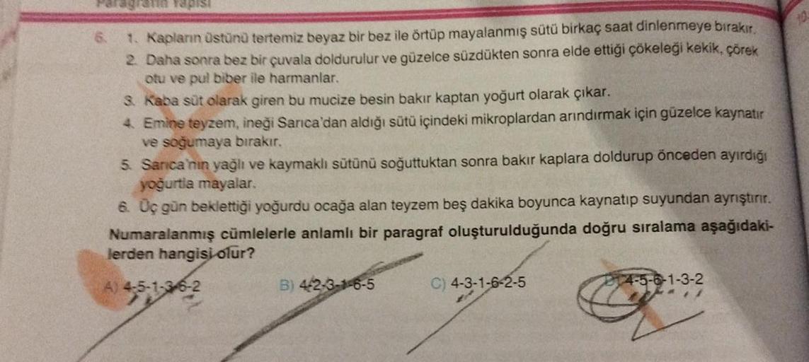 Paragreta tepisi
6.
1. Kapların üstünü tertemiz beyaz bir bez ile örtüp mayalanmış sütü birkaç saat dinlenmeye bırakır.
Daha sonra bez bir çuvala doldurulur ve güzelce süzdükten sonra elde ettiği çökeleği kekik, çörek
2.
otu ve pul biber ile harmanlar.
3. 