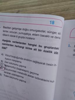 18
Basitten gelişmişe doğru omurgasızlar; sünger, sö-
lenter, solucan, yumuşakça, eklem bacaklı ve derisi
dikenli olarak 6 grupta incelenir.
Aşağıda verilenlerden hangisi bu gruplardaki
canlılardan herhangi birine ait bir özellik ola-
maz?
A) Vücut boşluğunda sindirim sağlayarak besin ih-
tiyacını karşılama
B) Deri solunumu yapma
C) Metamorfoz (başkalaşım) geçirme
D) Vücudundaki metabolik atıkları böbreklerini kul-
lanarak uzaklaştırma
E) Trake solunumu yapma
1. BE
fa
d