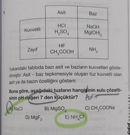 Kuvvetli
Zayıf
Asit
HCI
H₂SO4
D) MgF₂
2
HF
CH3COOH
Baz
NaOH
Mg(OH)2
Yukarıdaki tabloda bazı asit ve bazların kuvvetleri göste-
rilmiştir. Asit - baz tepkimesiyle oluşan tuz kuvvetli olan
asit ya da bazın özelliğini gösterir.
B) MgSO
4
E) NH CI
NH 3
Buna göre, aşağıdaki tuzların hangisinin sulu çözelti-
sinin pH değeri 7 den küçüktür? A
A) NaCl
C) CH,COONa