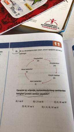 SAVO
daki
romir
8690341
OTROSSEN
ES
19.
V
..........
.........
Okul Defteri
A) I ve II
ebilmek için
odunu okutup
Nitrat bakterileri
(II)
11
Bir su ekosistemindeki besin zinciri aşağıda şematize
edilmiştir.
Fitoplankton
(III)
SEVDIREN HOCA
HAMZA KAYA
Nitrit bakterileri
(1)
atro
*
PARAGRAFI
B) I, II ve III
D) III, IV ve V
Zooplankton
(IV)
Karanlık bir ortamda, numaralandırılmış canlılardan
hangileri protein sentezi yapabilir?
Küçük balıklar
M
Edebiyat
Hikaye
Oyunlar
UNESCO
C) II, III ve IV
E) I, II, III, IV ve V