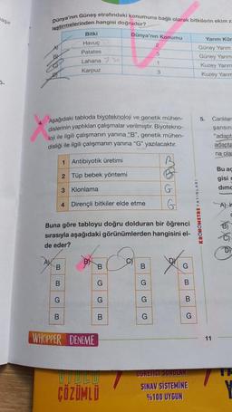 aşır
5.
4.
Dünya'nın Güneş etrafındaki konumuna bağlı olarak bitkilerin ekim z
leştirmelerinden hangisi doğrudur?
B
1 Antibiyotik üretimi
2 Tüp bebek yöntemi
3 Klonlama
4 Dirençli bitkiler elde etme
B
Bitki
Havuç
Patates
Lahana
Karpuz
B
Aşağıdaki tabloda biyoteknoloji ve genetik mühen-
dislerinin yaptıkları çalışmalar verilmiştir. Biyotekno-
loji ile ilgili çalışmanın yanına "B", genetik mühen-
disliği ile ilgili çalışmanın yanına "G" yazılacaktır.
R
G
B
Buna göre tabloyu doğru dolduran bir öğrenci
sırasıyla aşağıdaki görünümlerden hangisini el-
de eder?
WHOPPER DENEME
B
G
Dünya'nın Konumu
G
B
VIDEO
CÖZÜMLÜ
C)
B
G
3
G
1
G
3
G
B
B
G
OGRETICI SORULAR
SINAV SİSTEMİNE
%100 UYGUN
Yarım Kür
Güney Yarım
Güney Yarım
Kuzey Yarim
Kuzey Yarım
5. Canlıları
şansın
"adapt
adapta
na olar
KRONOMETRE
11
Bu aç
gisi c
dimc
A)
to yo
D
