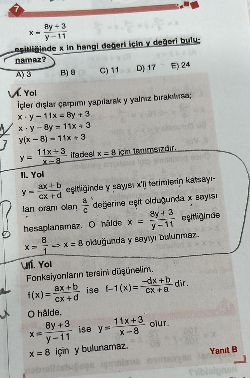 X = eşitliğinde x in hangi değeri için y değeri bulu- namaz? A) 3